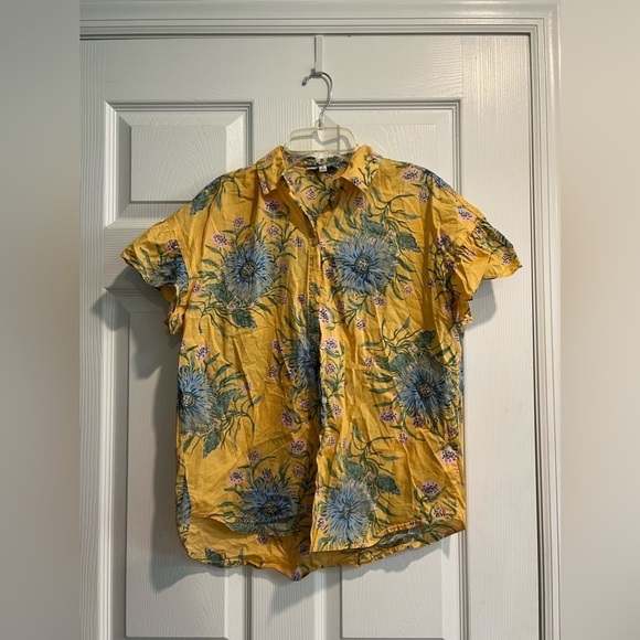 Madewell Ruffle-Sleeve Button-Down Shirt in Painted Blooms size XS Yellow​ - Picture 2 of 9